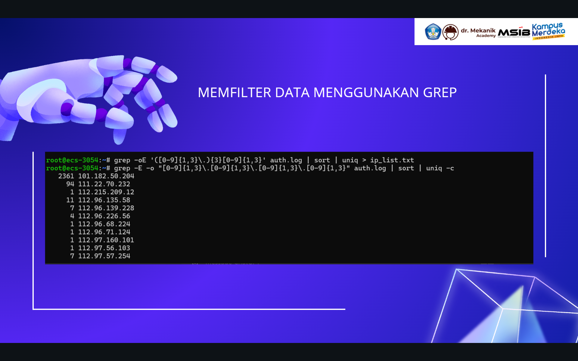 Memfilter data log ssh dan tracking ip  slide 2